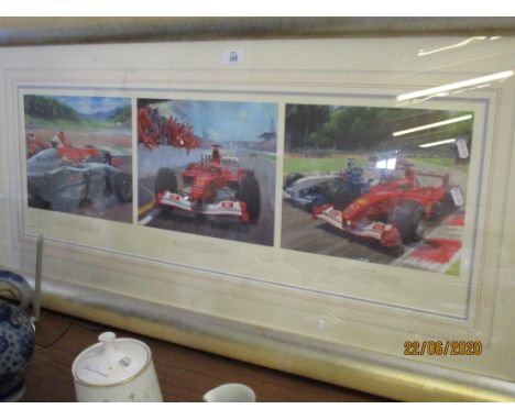 FRAMED MOTOR RACING/FORMULA 1 INTEREST PRINT AFTER TONY SMITH DEPICTING TRIO OF IMAGES OF MICHAEL SCHUMACHER DRIVING IN THE 2
