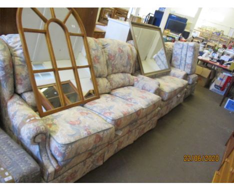 FLORAL FOUR PIECE SUITE COMPRISING THREE SEATER SOFA, TWO SEATER SOFA, ARMCHAIR AND POUFFE, THE THREE-SEATER SOFA WIDTH APPRO