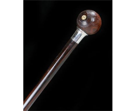 Edwardian walking stick, with bowling ball finial inlaid with ivory roundels to each side monogrammed DLJ, the reverse engrav