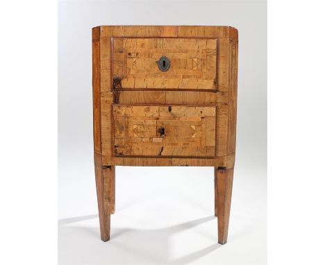 19th Century French walnut and satinwood inlaid commode, the rectangular top with central star inlay between strung bands and
