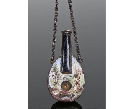 19th Century Vienna enamel scent bottle, in the form of a lute, the enamel decorated in the form of a courting couple, AF, 52