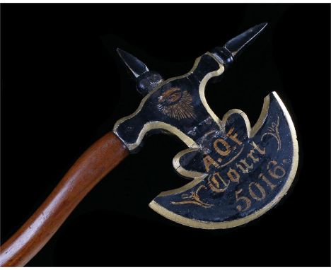 19th Century painted Masonic axe, the painted axe head heighted in gilt with A.O.F. Court 5016, the opposing side stating Pre