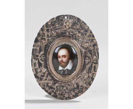 Unusual 18th Century Shakespeare plaque, the white metal frame with the text "Shacspeare 1720" with an enamel plaque to the c