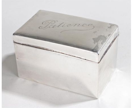 Silver card box, Birmingham possibly 1922, maker Sanders & Mackenzie, the hingeld lid engraved "Patience", the wooden lined i
