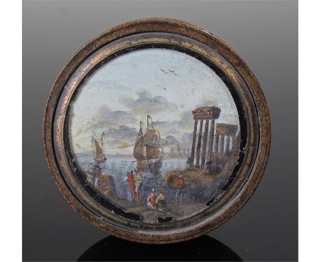 George III table snuff box, of circular form with the lid holding an oil seascape with sailing ships, figures and a classical