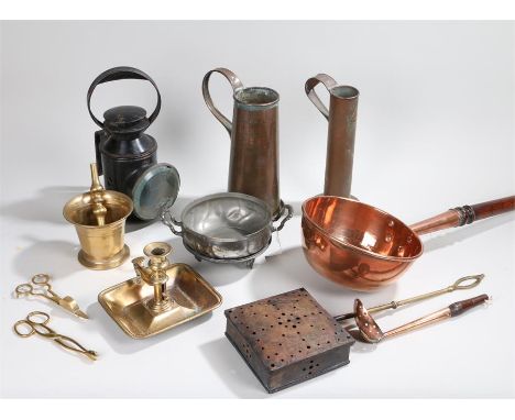 Copper brass and metal ware to include a copper saucepan, two copper jugs, brass pestle and mortar, brass chamber stick and w