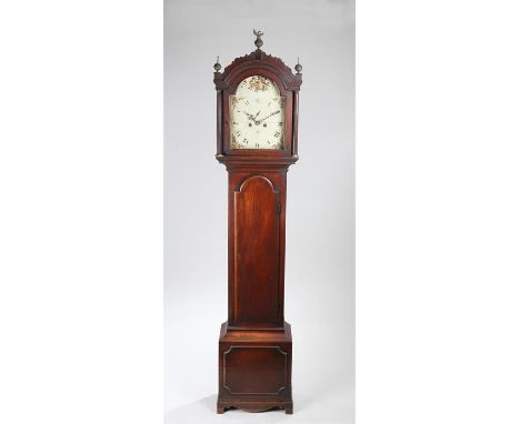 George III mahogany longcase clock, F.H. Oclee, Slefford, the arched hood surmounted by an eagle above a glazed door, long tr