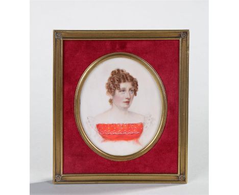 Early Victorian miniature portrait, of a lady in a lace trimmed dress, on ivory housed within a brass frame, the frame 12cm h