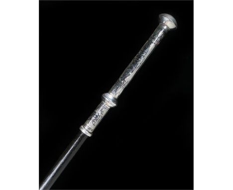 White metal handled walking stick, the cap initialled G, the handle with niello decoration, ebonised stem with white metal fe