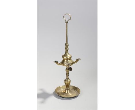 George III period brass whale oil lamp, with four adjustable lights on turned column and drip tray. 41cm tall