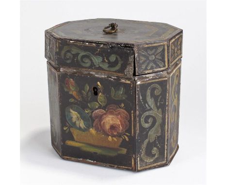 Early 19th Century Pontypool toleware tea caddy. The caddy with painted borders above swags and flowers to the front, the int