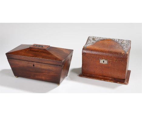 Silver and leather stationary box, with silver applied decoration to the shaped lid, together with a 19th Century mahogany te