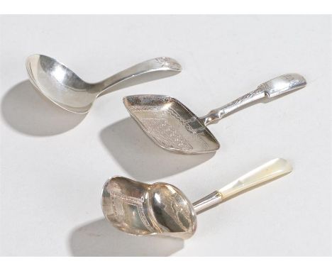 Three silver caddy spoons, to include an example by Elizabeth Morley, London 1800, the next by Joseph Willmore, Birmingham 18