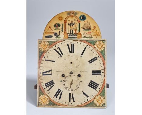 19th Century Masonic longcase clock dial and movement, Robert Hutchinson, decorated to the arch and spandrels with Masonic sy