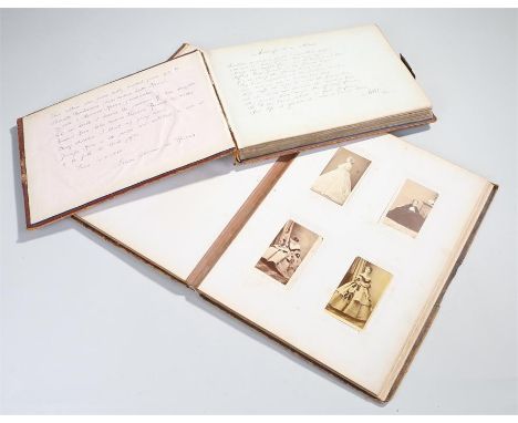 Two 19th Century albums with decorative covers, the larger album of French origin with front cover holding an enamel portrait