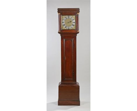 George III oak longcase clock, Sam Buxton, Diss, the hood with a square glazed door flanked by columns above a long trunk doo