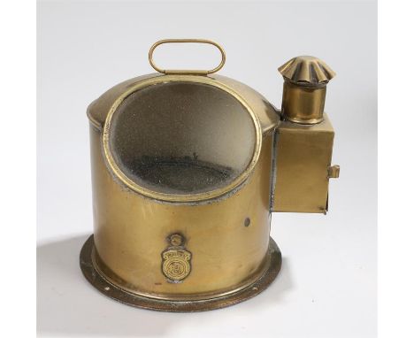 Ships painted brass binnacle gimbal wet compass, in binnacle housing, the side fitted with a small spirit burner, 24cm high