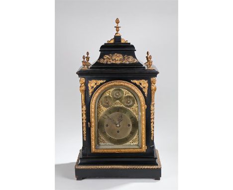 Late 19th Century bracket clock, of large proportions, the gilt metal finial top above a black case and gilt metal fittings o