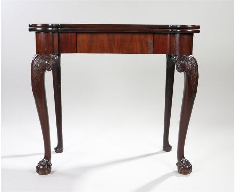 George III mahogany card table, the fold over rectangular top with projecting rounded corners above a later frieze drawer and