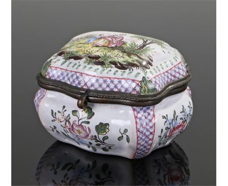 Late 18th Century German enamel table snuff box, of bombe form, the hinged lid with polychrome decoration depicting a courtin