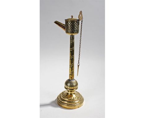 19th Century Whale oil lamp with scale pattern lidded reservoir holder atop a spiralled column and punch decorated base. Heig