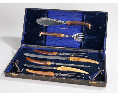 Early 20th Century antler handled carving/serving set, comprising fish knife and fork, two carving knives and forks, steel an