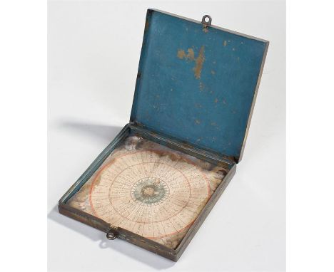 Rare 18th Century navigation compass, the paper dial with hand painted decoration housed within a brass case, 14cm wide