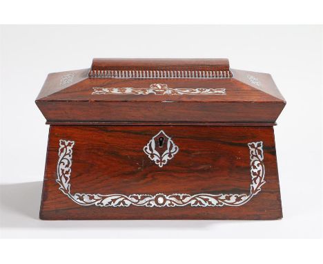 Regency rosewood tea caddy, domed gadrooned mother of pearl inlaid lid above a tapering lower section with mother of pearl de