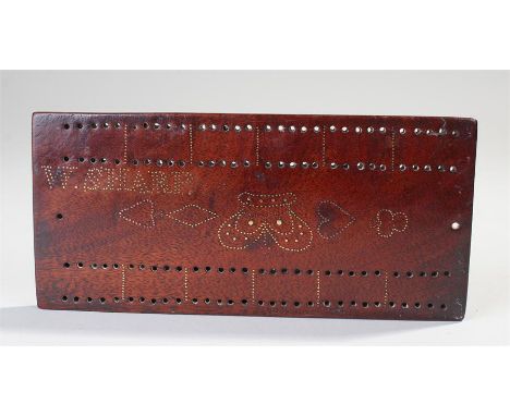 Fine 18th Century piquet work fruitwood cribbage board, decorated with a coronet flanked by the four suits, the name W Sharp 