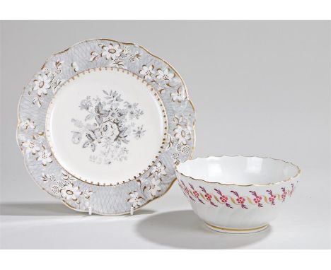 19th Century Worcester slop bowl, the gadrooned body with stylised floral decoration, 15.5cm diameter, a Rockingham works pla