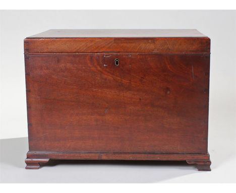 19th Century mahogany and box wood strung chest, the hinged rectangular top flanked by carrying handles above bracket support