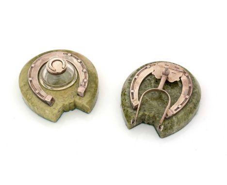 A George V silver-mounted Connemara marble desk clip, formed as a horseshoe and spur, by Sampson Mordan &amp; Co., Chester 19