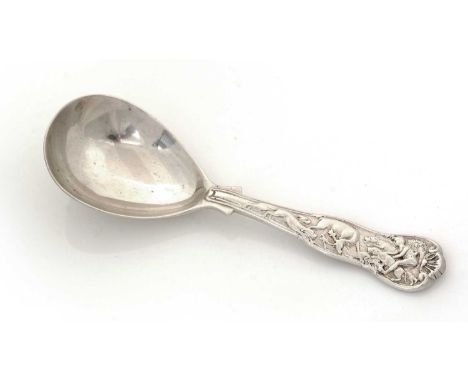 A George IV silver caddy spoon, stag hunt pattern, by Charles Eley, London 1826, 11.6cms long, 1oz.