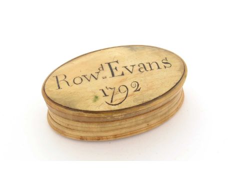A George III blonde horn snuff box, navette-shaped with a pull-off cover, inscribed "ROWd EVANS 1792", 8.4cms long.