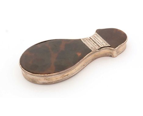 A George III silver-mounted tortoiseshell snuff box, in the shape of a mandolin with two compartments and bright-cut hinges, 