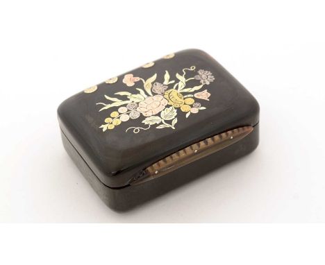 A 19th Century Continental tortoiseshell snuff box, of rounded oblong form with an applied horn thumbpiece, an inlaid three-c