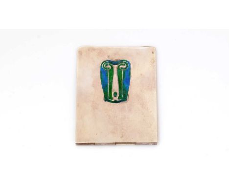 An Edwardian silver Art Nouveau spring clip (to take a small notepad), with enamelled decoration on the front, by William H. 