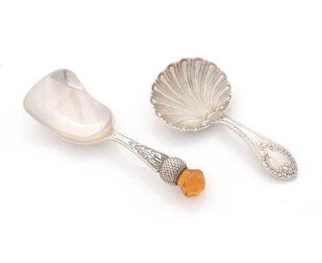 A George V silver Scottish market caddy spoon, engraved and set with a faceted terminal to resemble a thistle, by A.J. Cook &