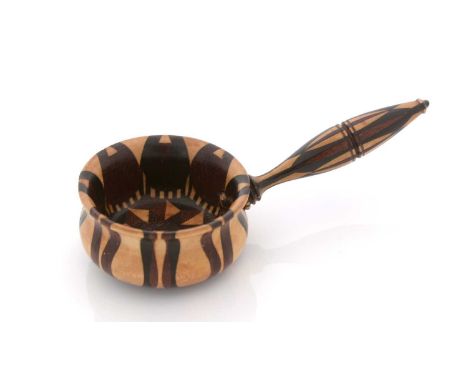 A rare Victorian Tonbridge-ware caddy spoon, resembling a saucepan with light and dark coloured parquetry hardwoods, turned h