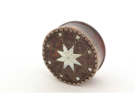 A William III/Queen Anne silver-mounted tortoiseshell snuff box, circular with mother-of-pearl inlay, piqué-work and engraved