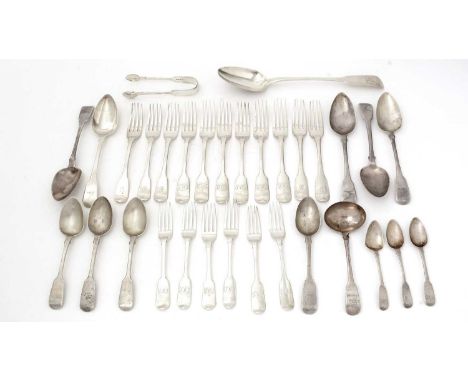Mixed antique silver fiddle pattern flatware, to include: five tablespoons, eleven table forks, four dessert spoons, six dess