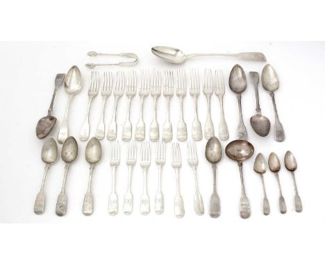 Mixed antique silver fiddle pattern flatware, to include: five tablespoons, eleven table forks, four dessert spoons, six dess