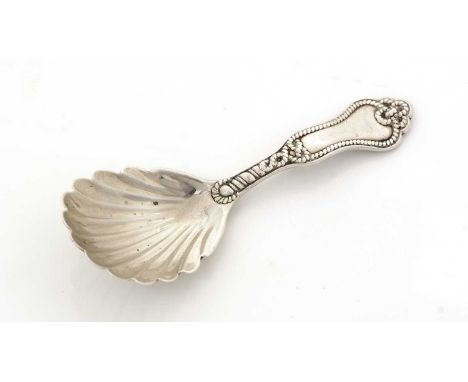 A Victorian silver caddy spoon, Napier pattern with a fluted bowl, by George Adams, London 1862, 10.5cms long, 0.75oz.
