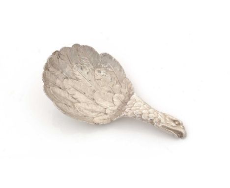 An early Victorian silver "eagle's wing" caddy spoon, with textured plumage in the bowl, the head and neck forming the stem, 