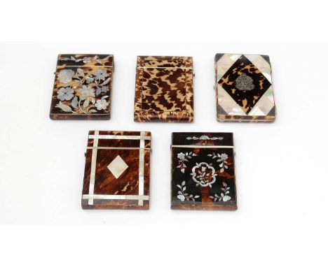 Three early Victorian tortoiseshell card cases, with mother-of-pearl inlay; another tortoiseshell card case; and another silv