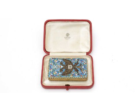 An early 20th Century Russian silver-gilt and cloisonne enamelled cigarette case, rectangular with rounded corners, decorated