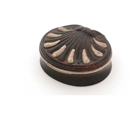 An 18th Century silver-mounted tortoiseshell snuff box, resembling a scallop shell with chased mounts, unmarked, 8cms long.