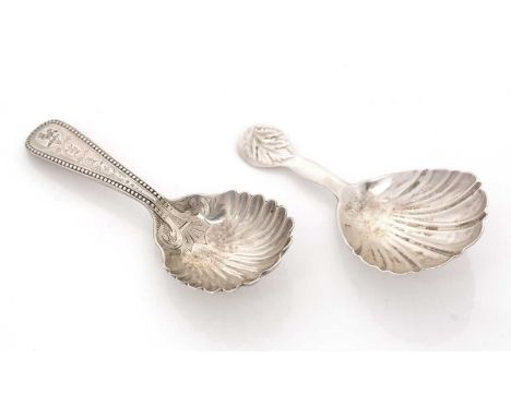 A Victorian silver Provincial caddy spoon, with fluted bowl and a rounded terminal, decorated with a leaf, registered design 