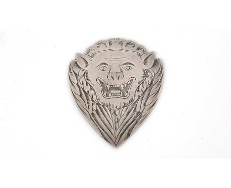 A Victorian silver engraved bookmark, of shaped triangular outline with a fierce animal mask on each side and the discreet No