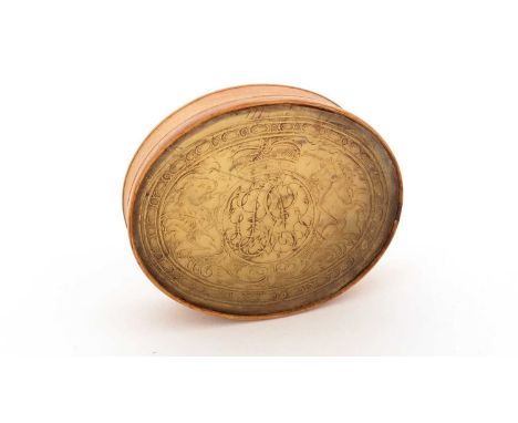 A George I small horn snuff box, oval with a pull-off cover, pressed with the royal cypher, crown and supporters of King Geor